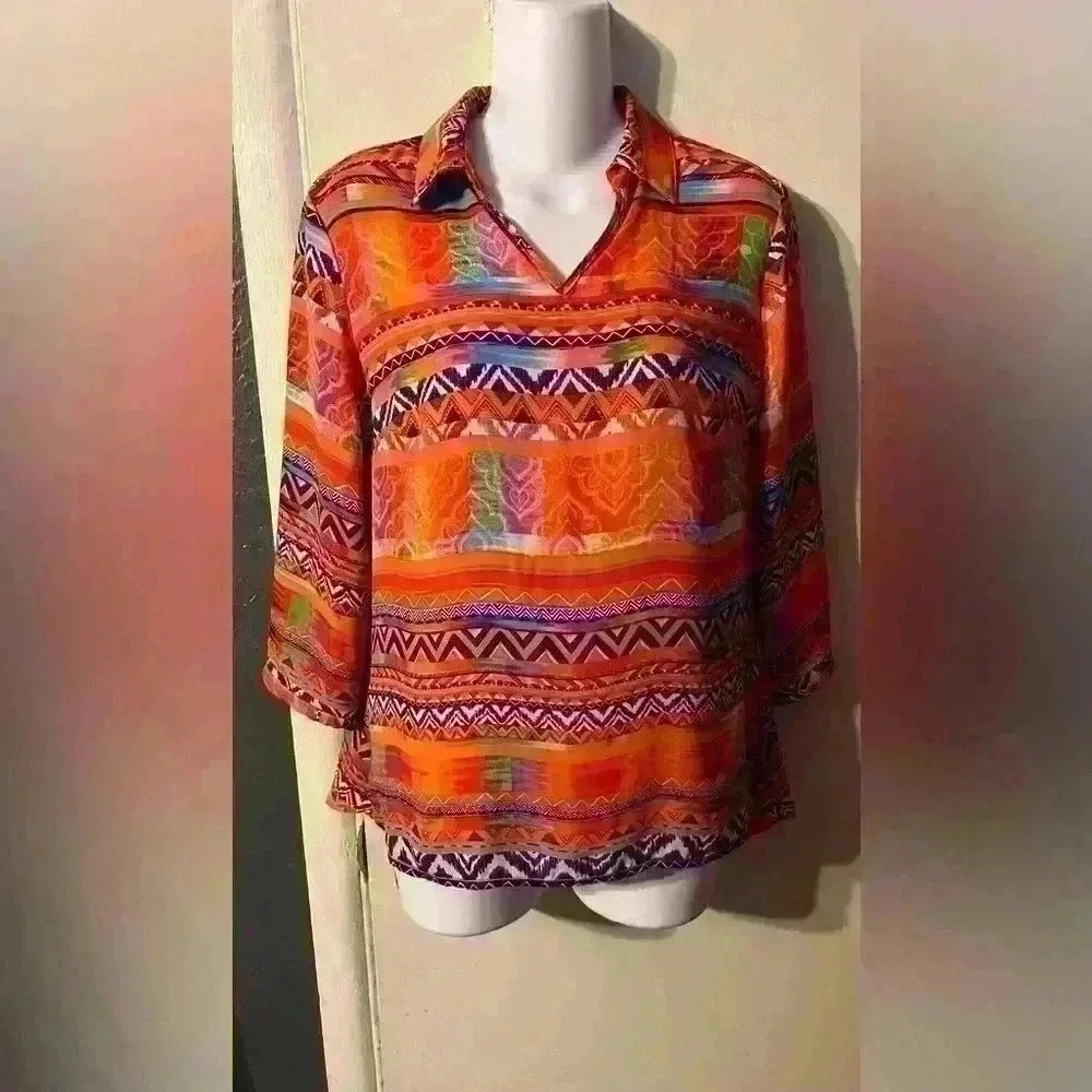 Investments Petite Waverly Top / Resort Orange Navy Blue Sz PS Polyester